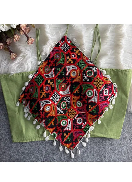 Spaghetti Style Navratri Special Rayon Cotton With Heavy Embroidery With Traditional Kaudi Lace Blouse Collection